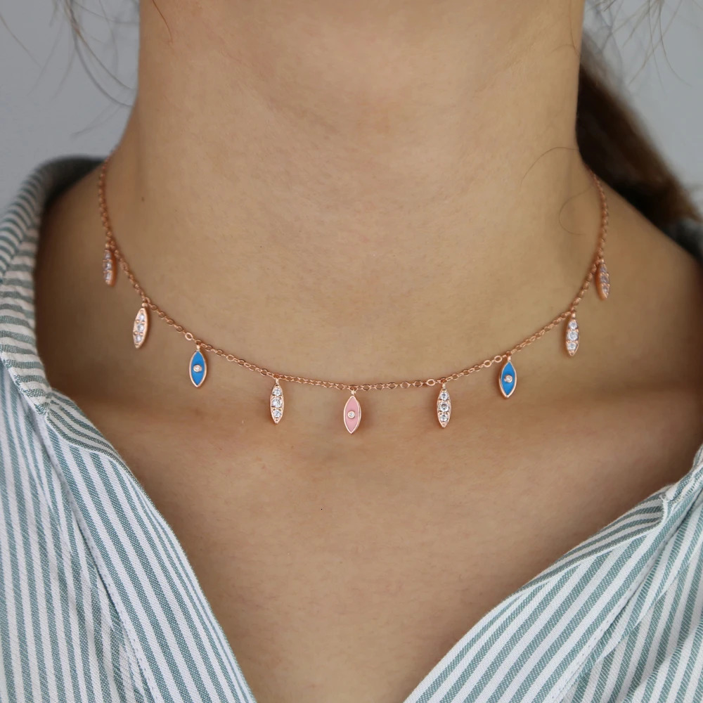 Rose gold Color pastel white pink blue enamel cute lovely charms Elegance fashion choker necklace 260311