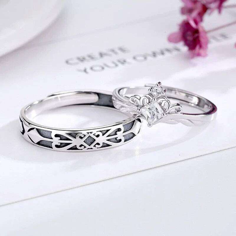 Trumium s925 Princess and Knight Crown Couples Matching Rings Promise with Zircon for Women Men Best Friend Adjustable Ring W260311