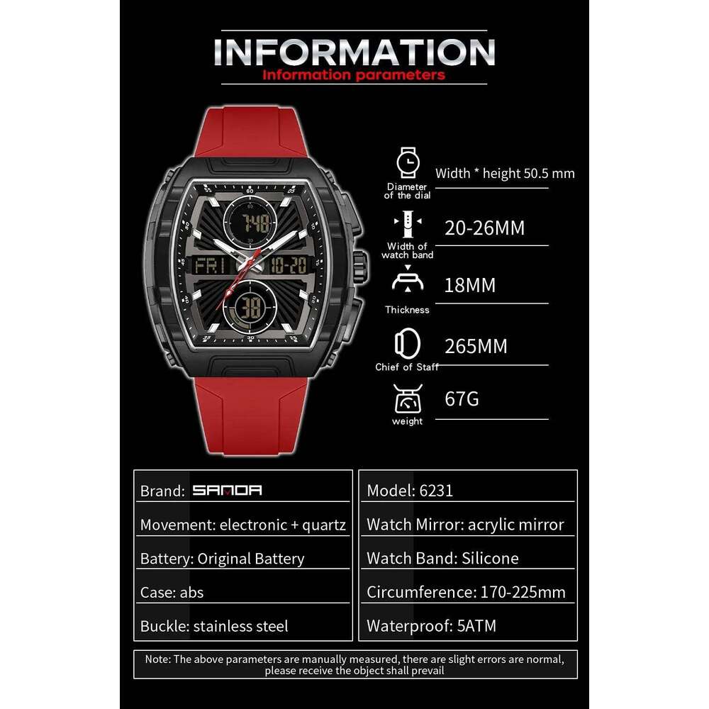 SANDA6231 Luxury Electronic Digital Fashion Trend Multi functional Clock Silicone Waterproof Weekly Date Men's Watch