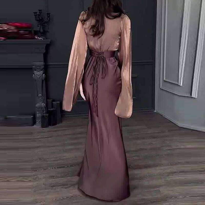 Vintage High Waisted Women Satin Dress New Ladies Temperament Crew Collar Elegant Slim Long Sleeve Banquet Dresses C260311