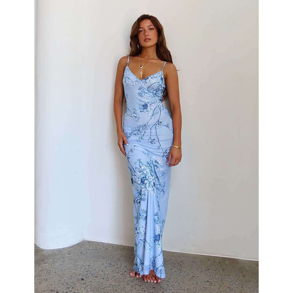S32138 European and American New Long Vacation Style Elegant Slim Fit Printed Design Camisole Dress Women's Clothing