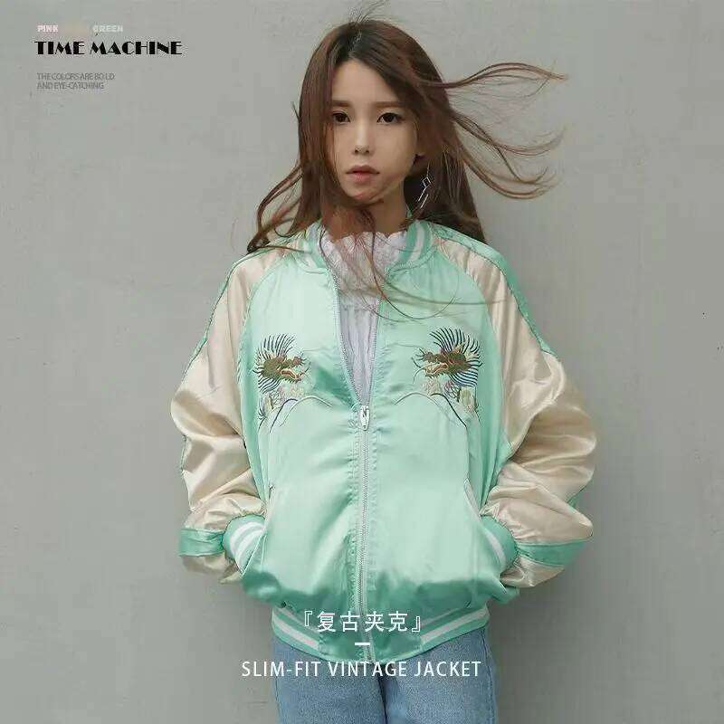 New Chinese Style Dragon Embroidery Satin Bomber Jacket Harajuku Couples Zipper Faux Silk Baseball Coat Contrast Color Outwear Tops