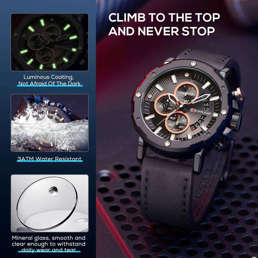 4pcs/set, BORUSE Luxury Watches & Cross Necklace Sets, Mens Quartz Casual Date Watch for Wristwatch Men Gift