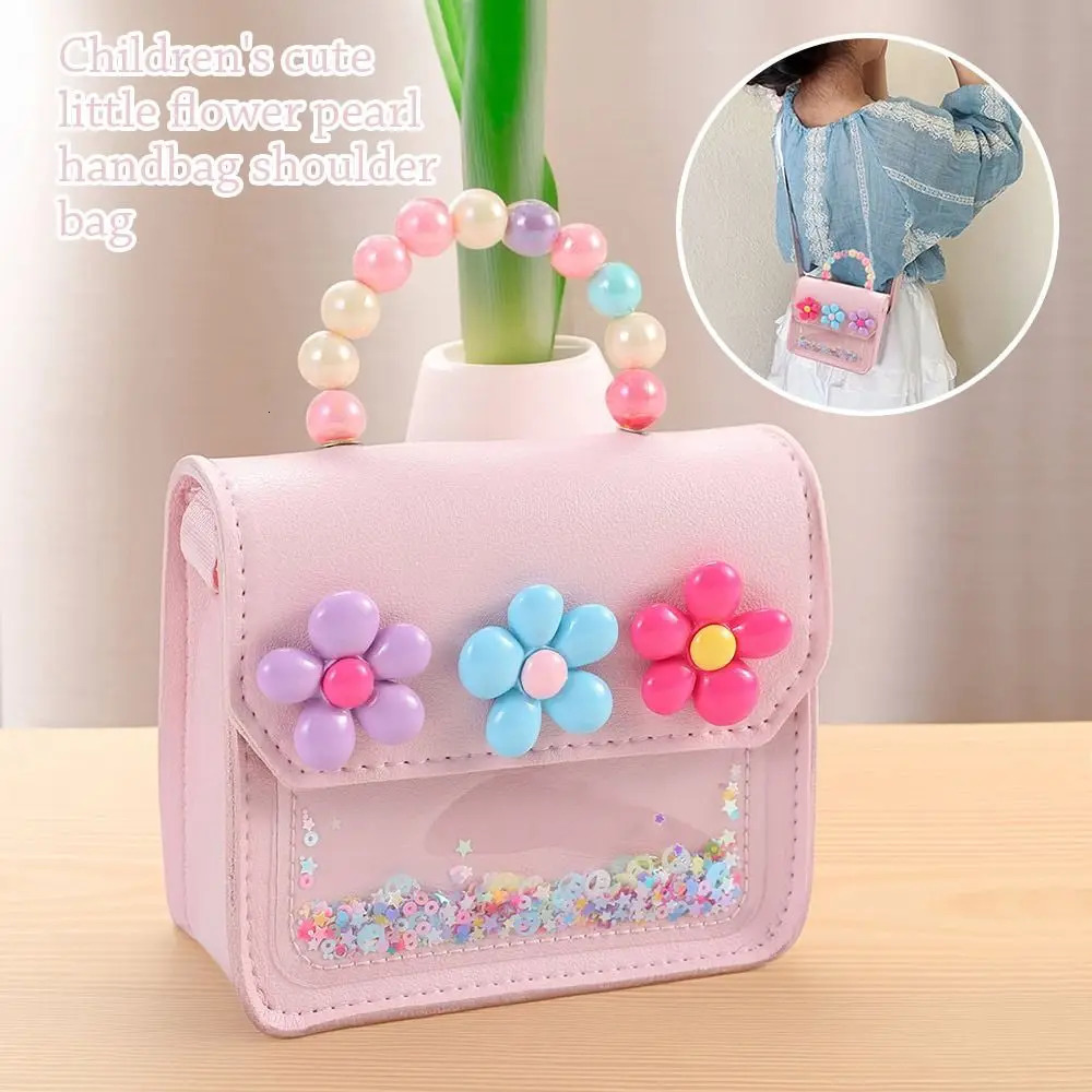 Creative Cute Flowers Childrens Messenger Bag Pearl PU Leather Kids Shoulder Shiny Bowknot Handbags 260311