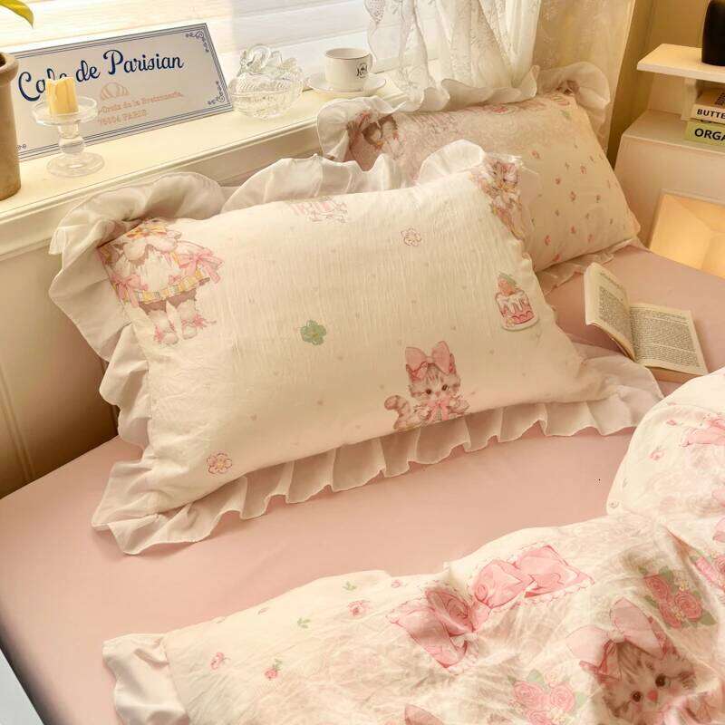 4Pcs Floral Cute Single Double Queen Bedding Girls Princess Style Ruffle Duvet Cover Set Flat Bed Sheet Pillowcases H260312