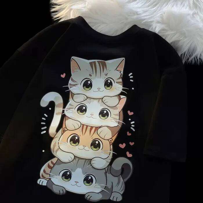 Cute Cartoon Cat Print Women's Round Neck Short Sleeved T-shirt Casual Loose Versatile Summer Tshirt Z260312