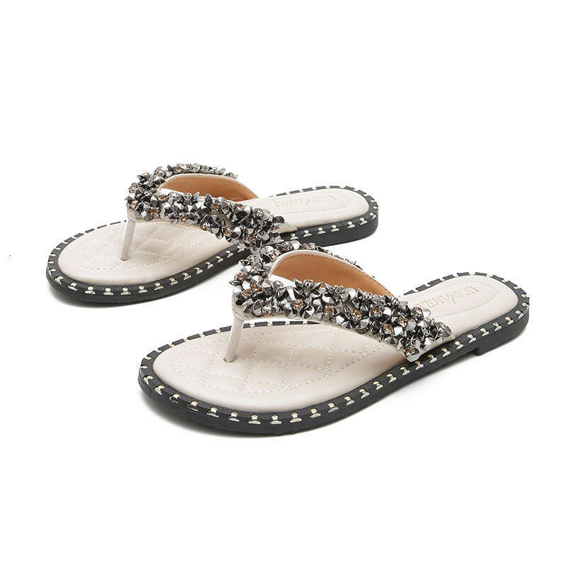 Women's Summer Flat Sandals 2026 New Fashion Rhinestone Toe Post Flip-Flops Outdoor Wear Large Size Slippers Women