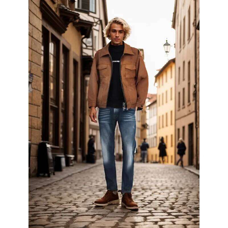 Vintage High Street Suede Material Crock With Zipper Lapel Casual Short Jacket For Men 26H0311