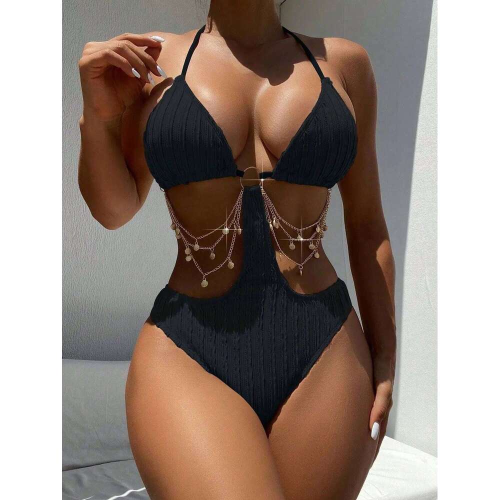 2025 Solid Bikini Set Women's Sexy High Waist Cross Back Two-Piece Swimwear Summer Lace Up Bandage One Piece Bodysuit Beachwear Y260303