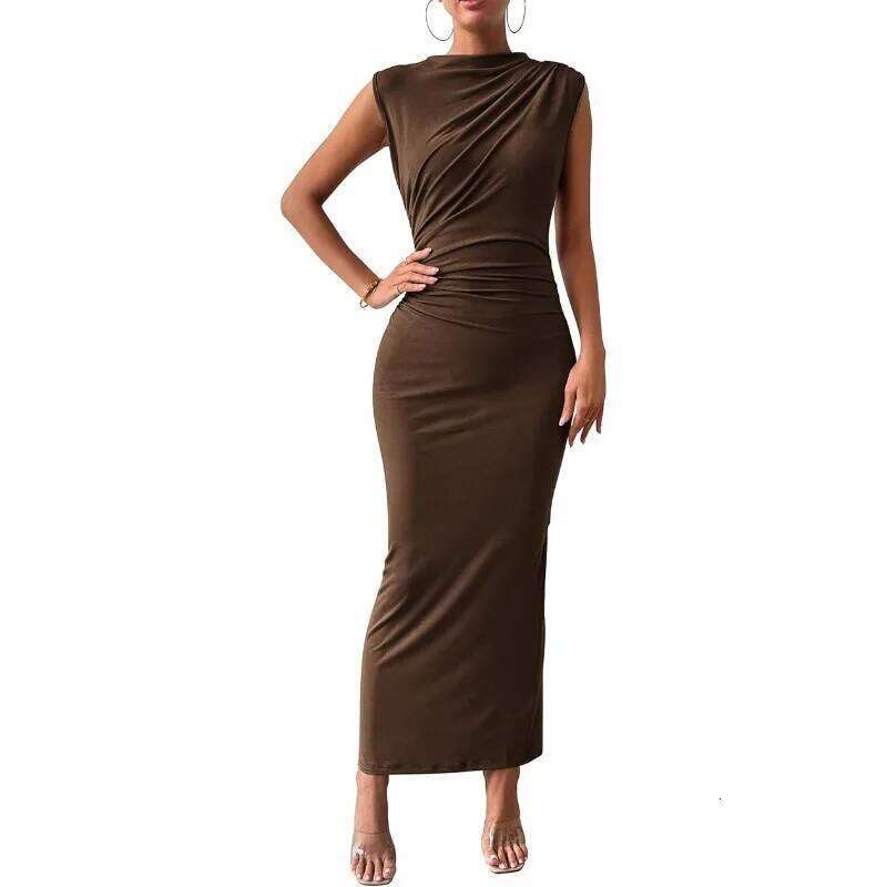Women Plus Size Elegant Ruched Bodycon Euro Sexy Sleeveless Layering Stretchy Coat Inner Party Outfit Fashion Basic Dress C260312