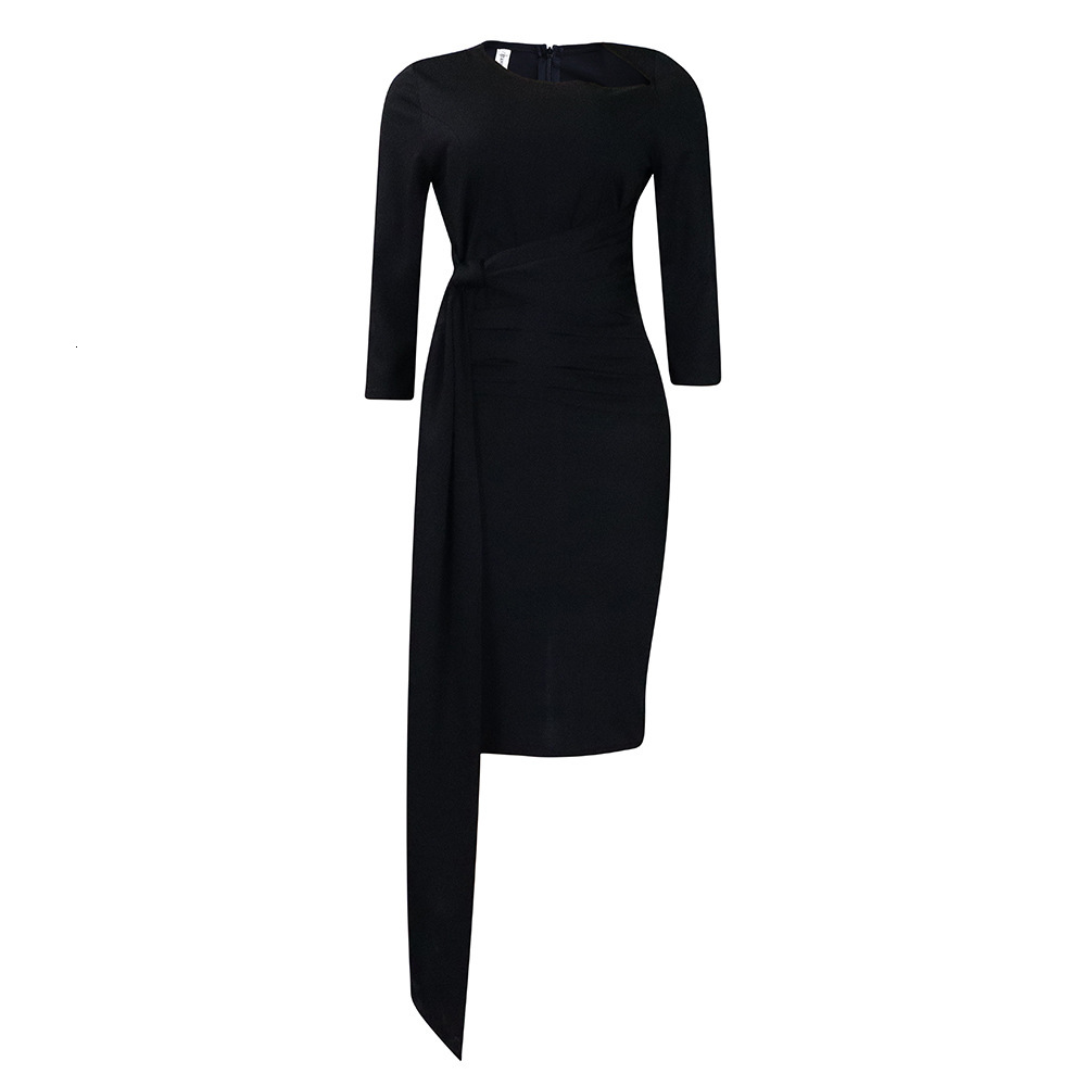 D3168 Womens Summer Office Dress Three-Quarter Sleeve Pleated Tie Professional Plus Size Dress