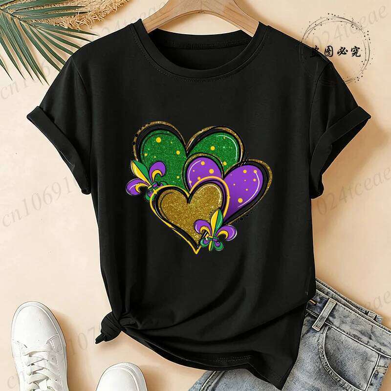 Mardi Shirt for Woman,Mardi Gras Heart T-Shirts,Fat Tuesday Shirt,short Sleeve Clothes,summer Fashion Women's T-Shirts Tops Z260312
