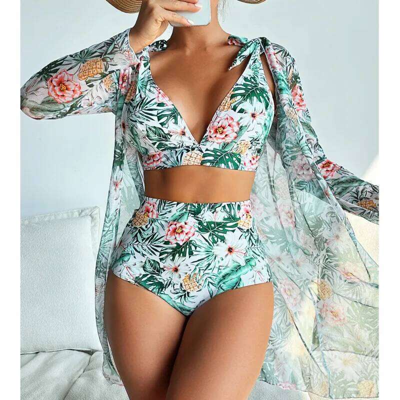 Bikini Print Swimsuits 2026 Female Swimwear Push Up For Beach Wear Three-Piece Bathing Suits Pool Bather Women's Swimming Suit Y260303