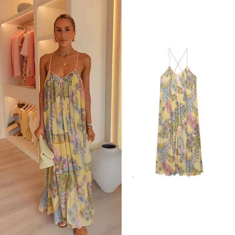 Women's 2025 New Fashion Print Loose V-neck Camisole Elegant Women Summer Travel Long Chic Youth Party Dress C260311