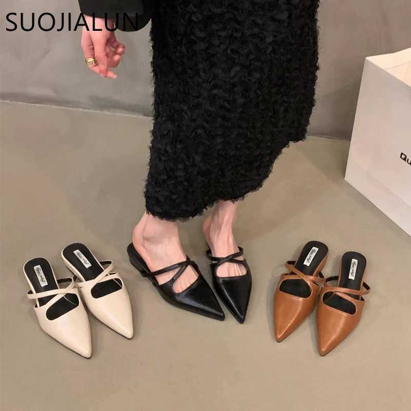 SUOJIALUN 2024 Summer New Women Flat Shoes Fashion Pointed Toe Slip On Mules Shoes Soft Flat Heel Outdoor Vaction Ladies Sandals K260312