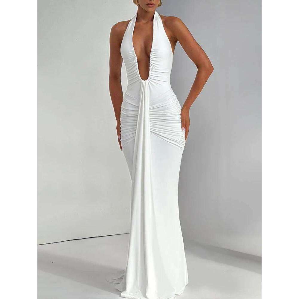 Mozision Deep V Neck Draped Ruched Sexy Maxi Women Summer Fashion Halter Sleeveless Backless Club Party Long Dress Elegant C260312