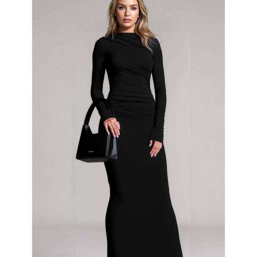 New Spring Autumn Bodycon for Women Slim Chic Long Sleeve O Neck Women's Dresses Elegant Black Party Dress Robe C260312