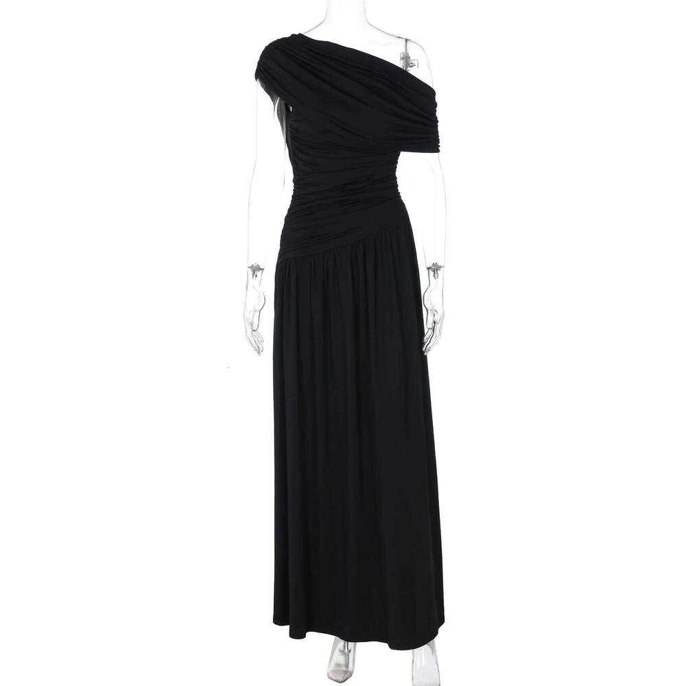 Hugcitar One Shoulder Ruched Sleeveless Solid Pleated Sexy Irregular Y2K Maxi Dress Summer Elegant Party Women Clothes Vacation C260311