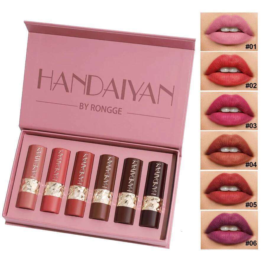 6Pcs Gift Box Velvet Kit Lips Makeup Nude Stick Nonstick Cup Waterproof Lipstick Set Foggy Matte Lip Balm W260311