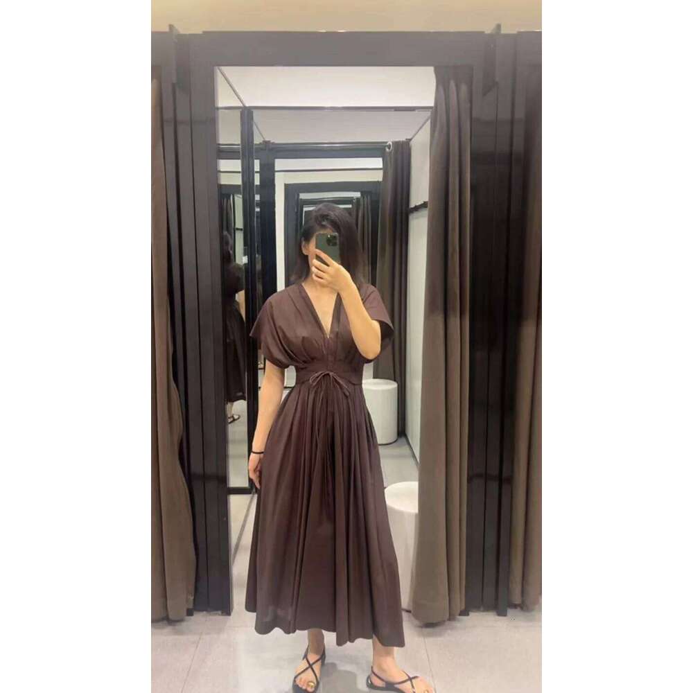 ETJ Summer 2025 women's elegant party Vintage V-neck fashion pleated lace-up MIDI poplin dress C260312