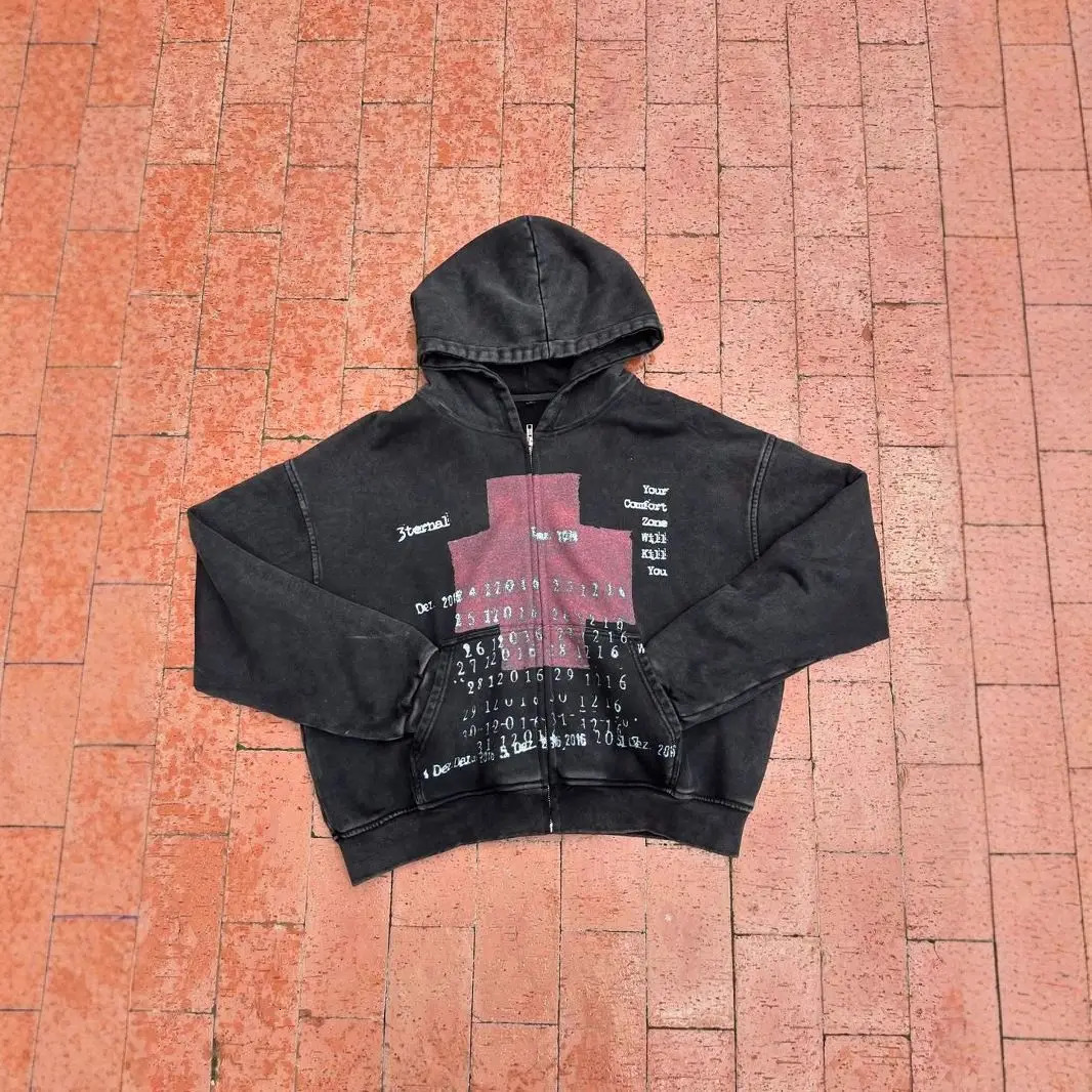 Mens Hoodie Vintage Y2K Streetwear Pullover Gray Sweatshirt Red Cross Print Distressed Style Long Sleeve Casual Dark Fashion 260311