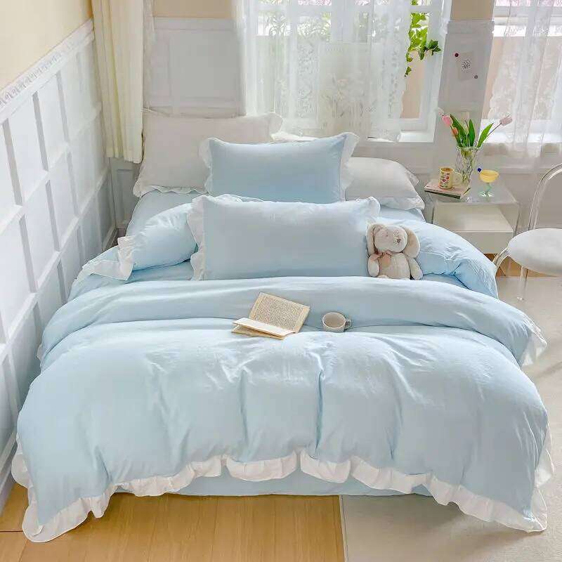 Korean Princess Style Duvet Cover Set No Filling Pink Blue Soft Washed Cotton Girls Favorite Ruffles Bed Linen Pillowcases H260312