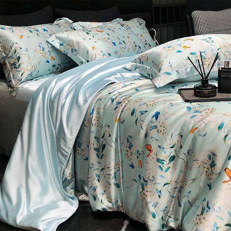 Floral Silk Bedding Set with Duvet Cover Bed Sheet Pillowcase Couple Single Double King Queen Soft Bedsheet Nordic Smooth H260312