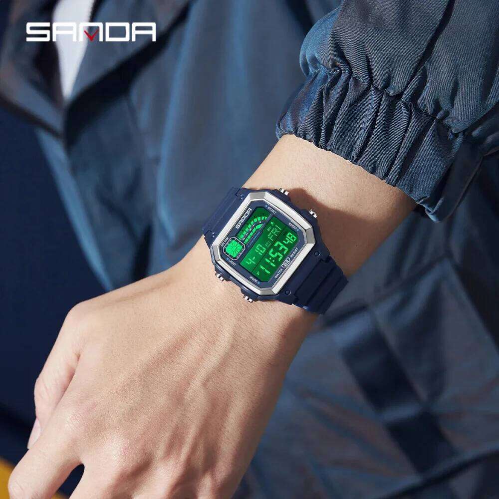SANDA 6196 Men Electronic Watches Round Square Fashion Luminous Stainless Steel Strap Arabic Tidal Worship Male Wrist Watch