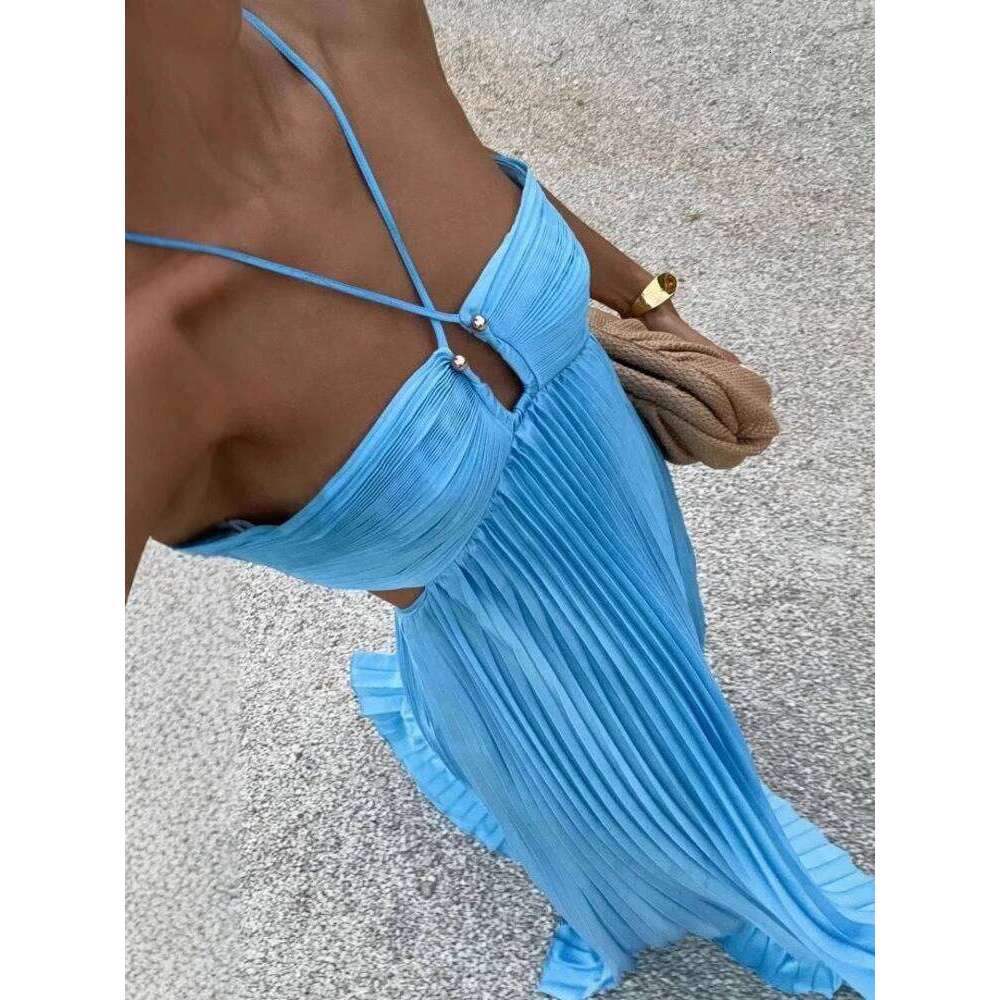 2025 New Women's Fashionable and Summer Camisole Beach Vacation Elegant Backless Pleated Long Dress C260311