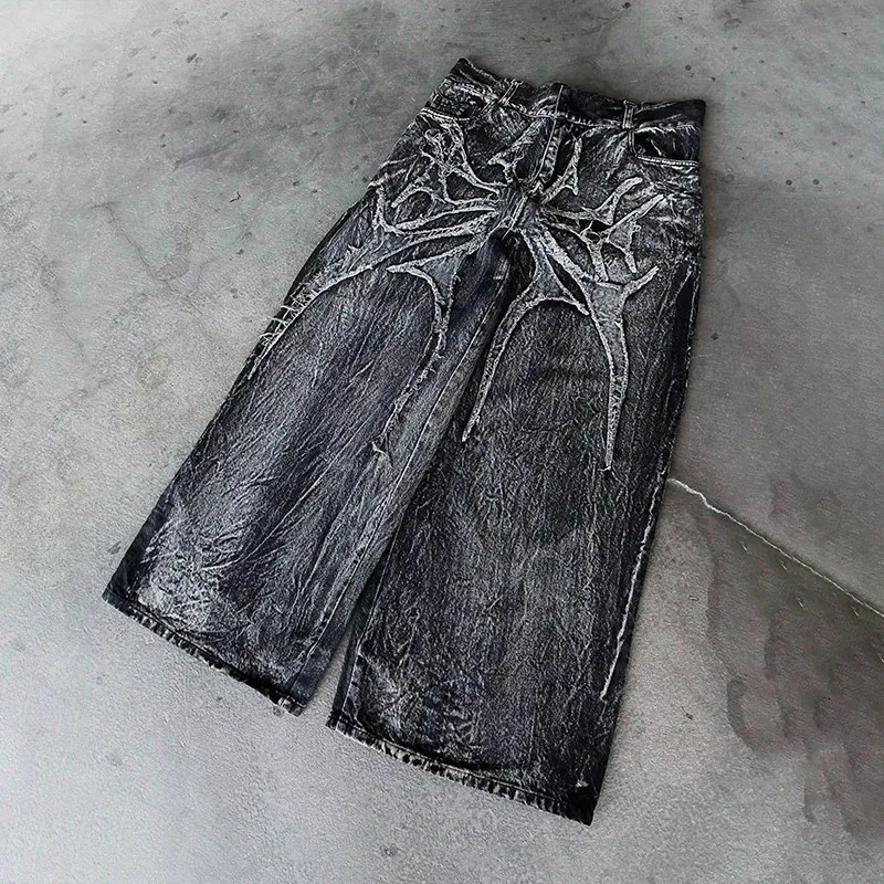 Gothic Retro Baggy Unisex Mopping Pants Y2K Phantom Jeans High Street Spider Embroidered Patch Hip Hop Streetwear Straight Jeans 260310