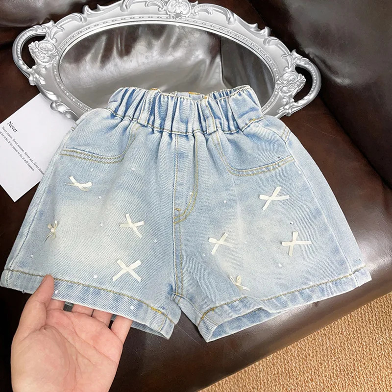 Girls Summer Denim Shorts Childrens Fashion Trendy Bow Korean Thin Outerwear Pants 260311