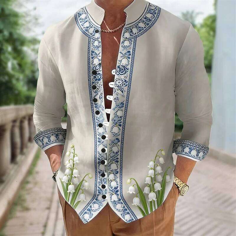 Flower, digital printing, fashion trend, street outdoor, high-quality and comfortable men's linen short-sleeved casual shirt