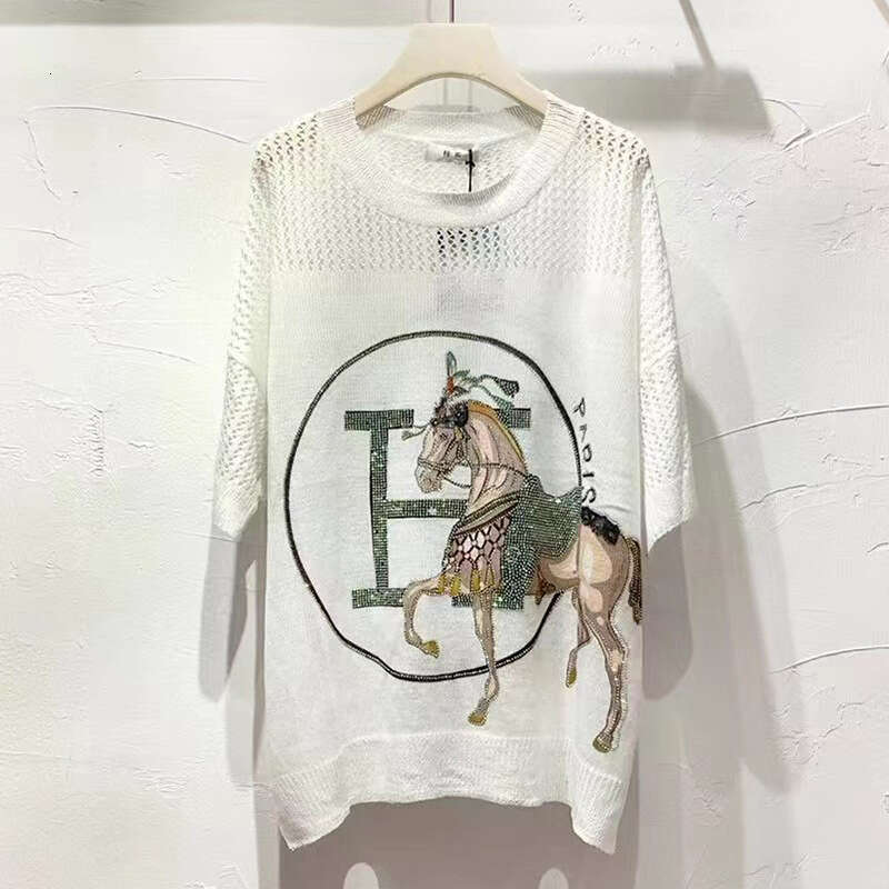 Rhinestone White T-Shirt For Women, European Fashion Mid-Length Short-Sleeve Spring-Summer Knitted Top