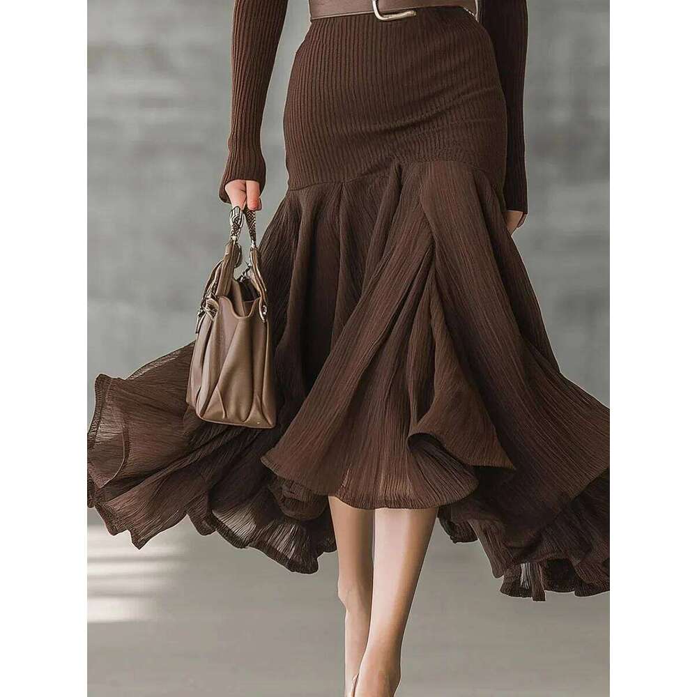 Women's Elegant Brown Ribbed Knit Surplice V Neck Long Sleeve Belted Ruffle Hem Midi Formal Party Evening Dress C260312