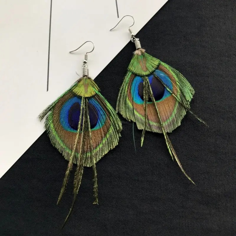 Unique Feather Earrings Peacock Feathers Vintage Exaggerate Boho Trendy Women Statement Jewelry 2024 260309