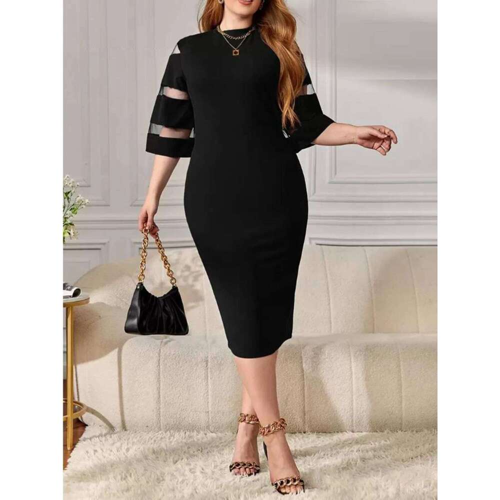 Spring/Summer New plus Size Elegant Women's Dress Black Mesh Paneling Bell Sleeve Sexy Bodycon Business Casual round Neck Solid C260312