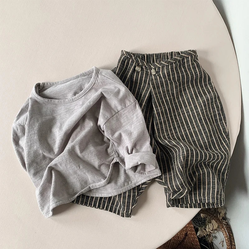 Childrens Retro Striped Cotton And Linen Pant Spring Autumn Japanese Boys Girls Casual Loose WideLeg Pants WTP122 260311