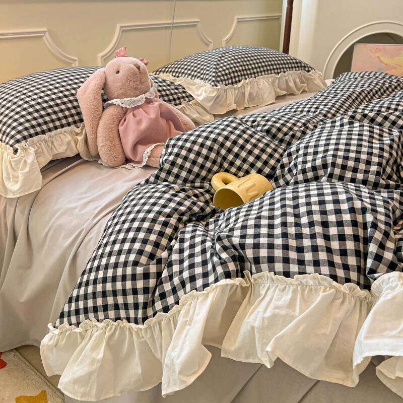 Korean Princess Bedding Set Soft Skin-friendly Ruffles Quilt Cover Plaid Style Duvet Covers Bed Sheet Pillowcases 3/4Pcs H260312