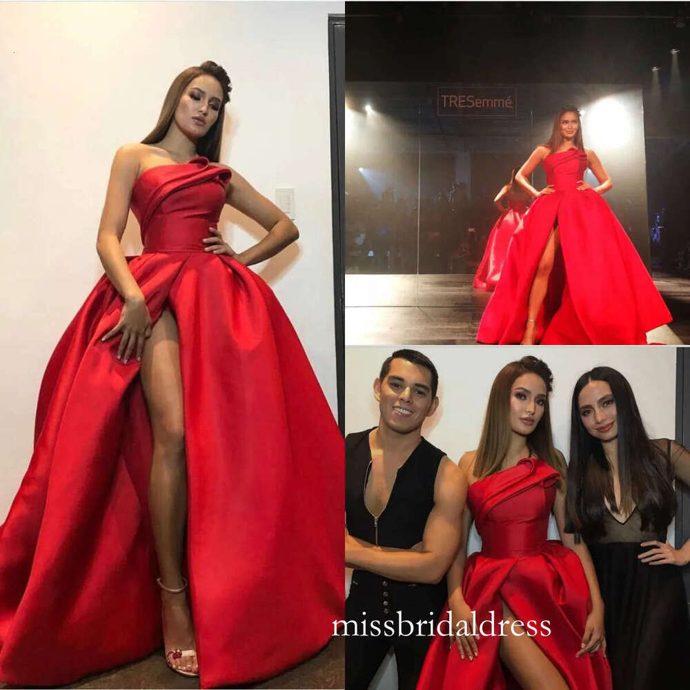 Red Plus Size Guest Dress Sexy Strapless Dresses Evening Wear Side Split Long 2019 Prom Gowns D0312