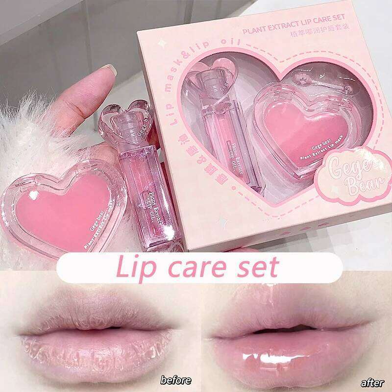 Pink Heart Care Set Moisturizing Reduce Dry Wrinkles Transparent Tint Mirror DUDU Oil Lip Mask Girl Lipstick Makeup Base W260311