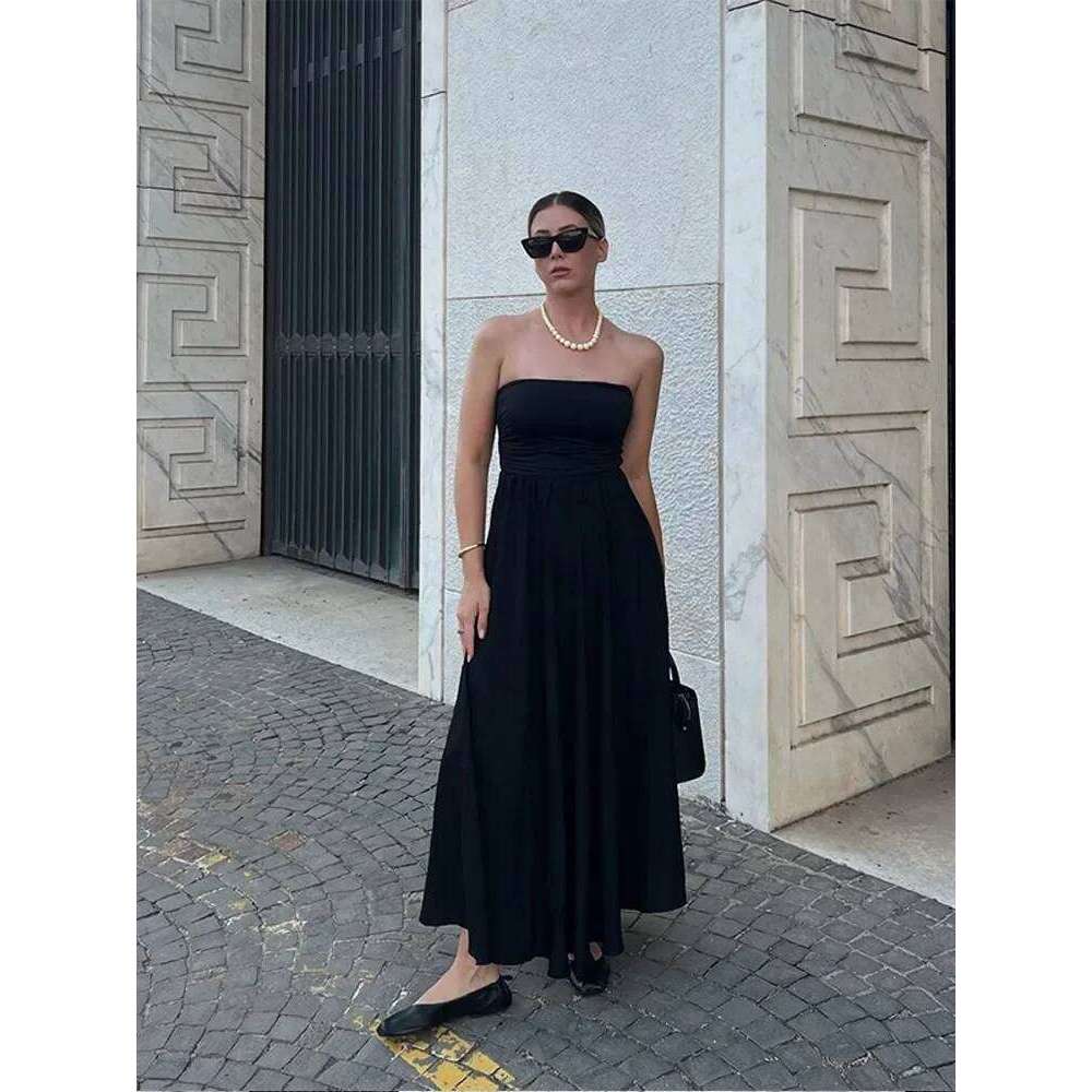 Elegant Women Solid Sleeveless Off Shoulder Maxi Dress Sexy Backless High Waist Pleated Dresses Chic Lady Club Party Robes C260311