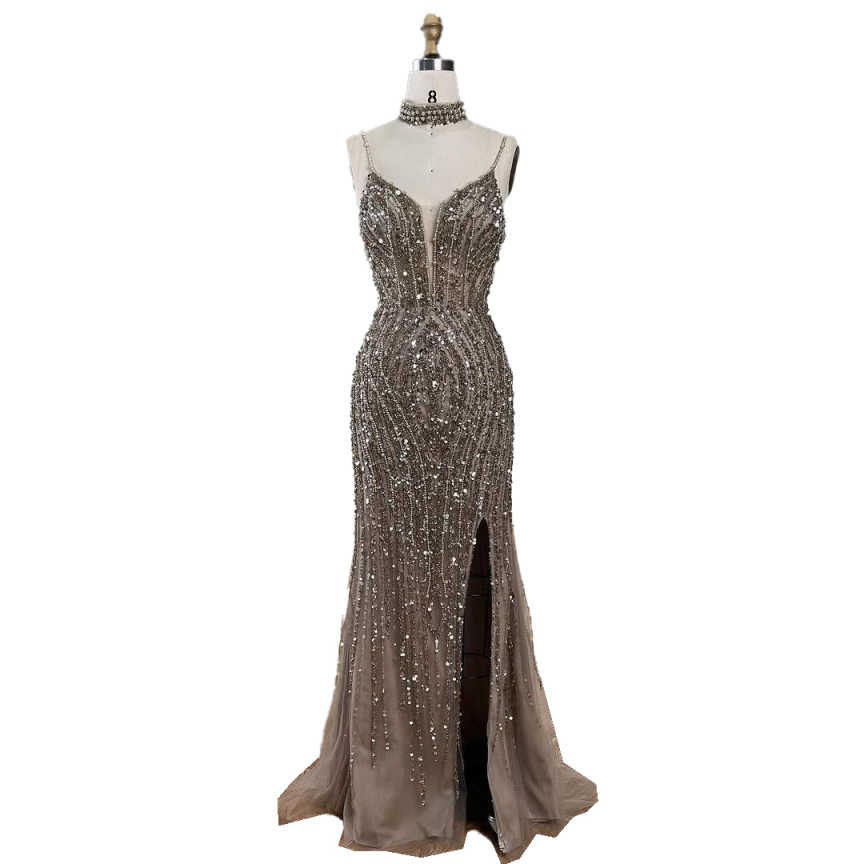 Silver Nude Mermaid Spaghetti with split Strap Beaded Evening Dresses Prom Gowns For Party Customized