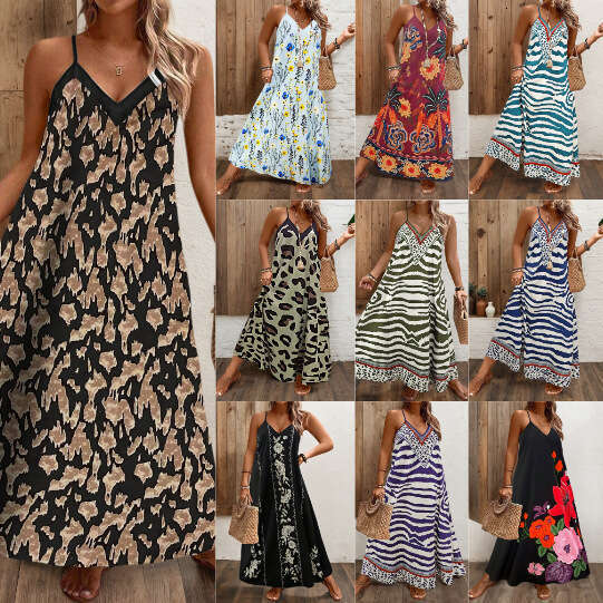 2026 Hot-Selling Summer Fashion Casual Beach European and American Cross-Border V-Neck Strap Printed Dress for Women