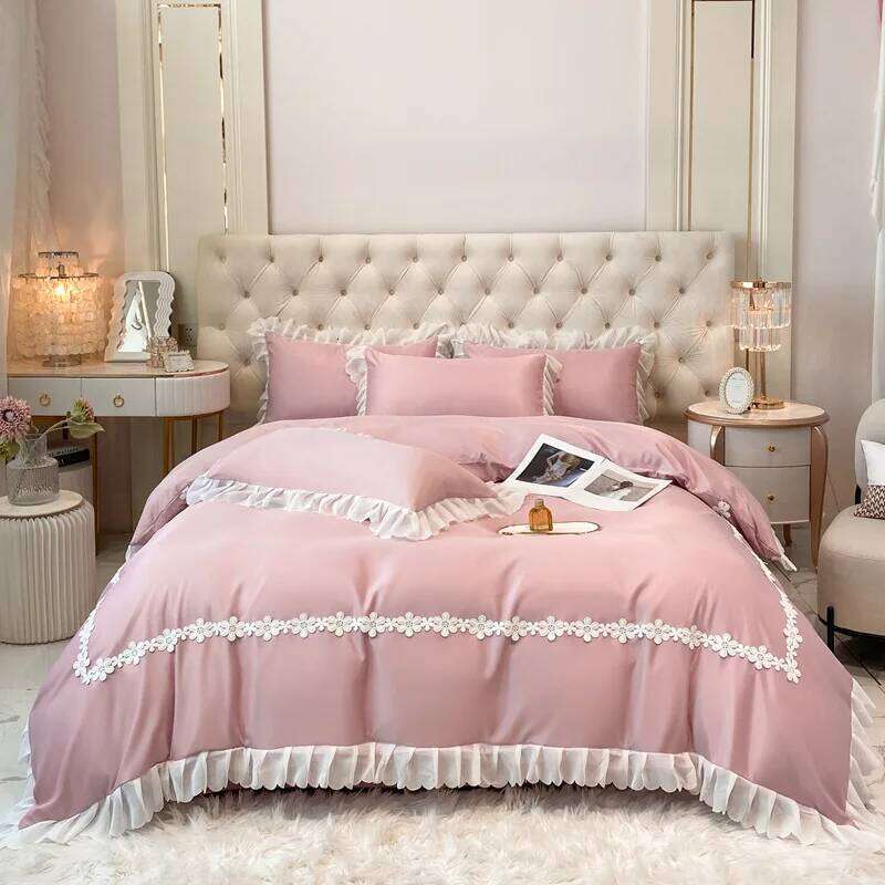 2025 new washed silk lace princess style bed sheet quilt solid color household four-piece set H260312