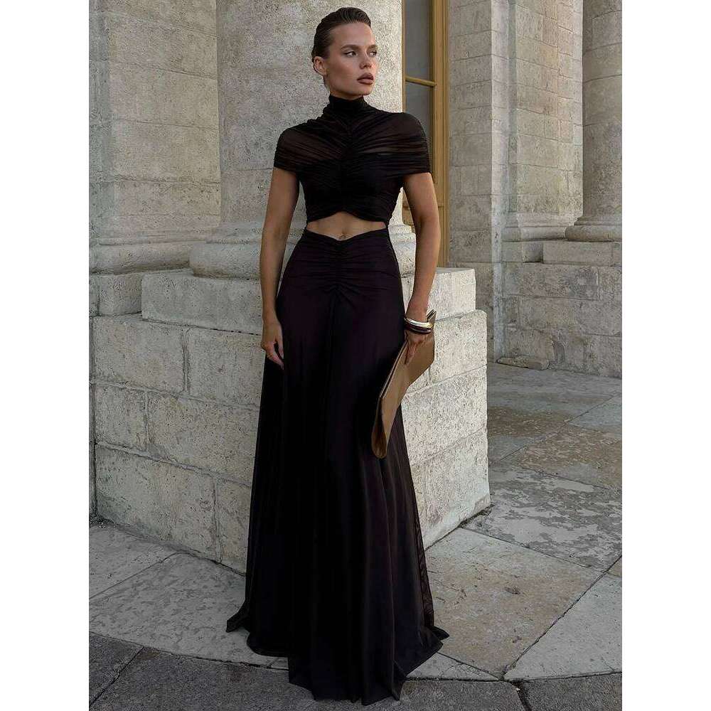 Mozision Hollow Out Short Sleeve Sexy Maxi Women Fashion O Neck Ruched High Waist Bodycon Club Party Long Dress Female C260312