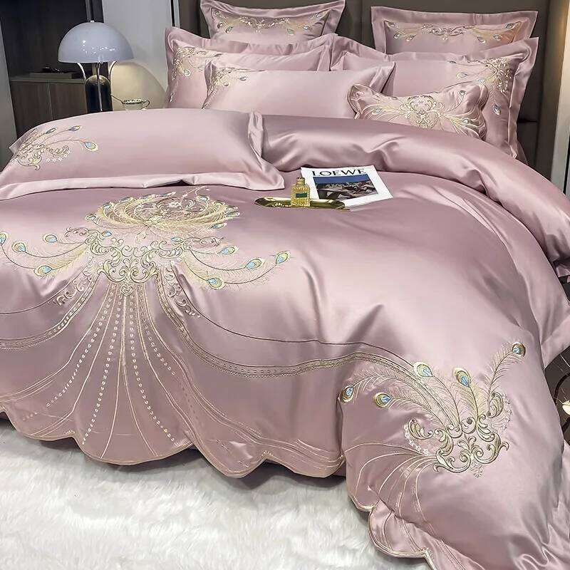 Gold Light High-grade Pure Embroidery White Gray Satin Cotton Bedding Four-piece Bed Cover Set H260312