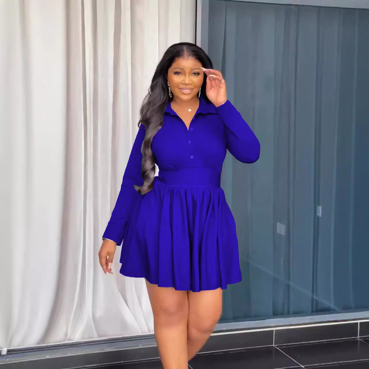 Womens Fashionable Elegant Collared Buttoned Pleated Ruffle Long Sleeve Dress