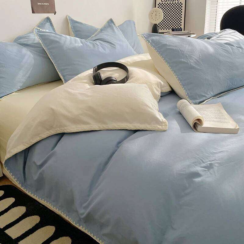 Simple Washed Cotton Linen Bedding Four Piece Flat/Fitted Sheet Comforter Set Full Double Couple Bed Quilt Cover H260312