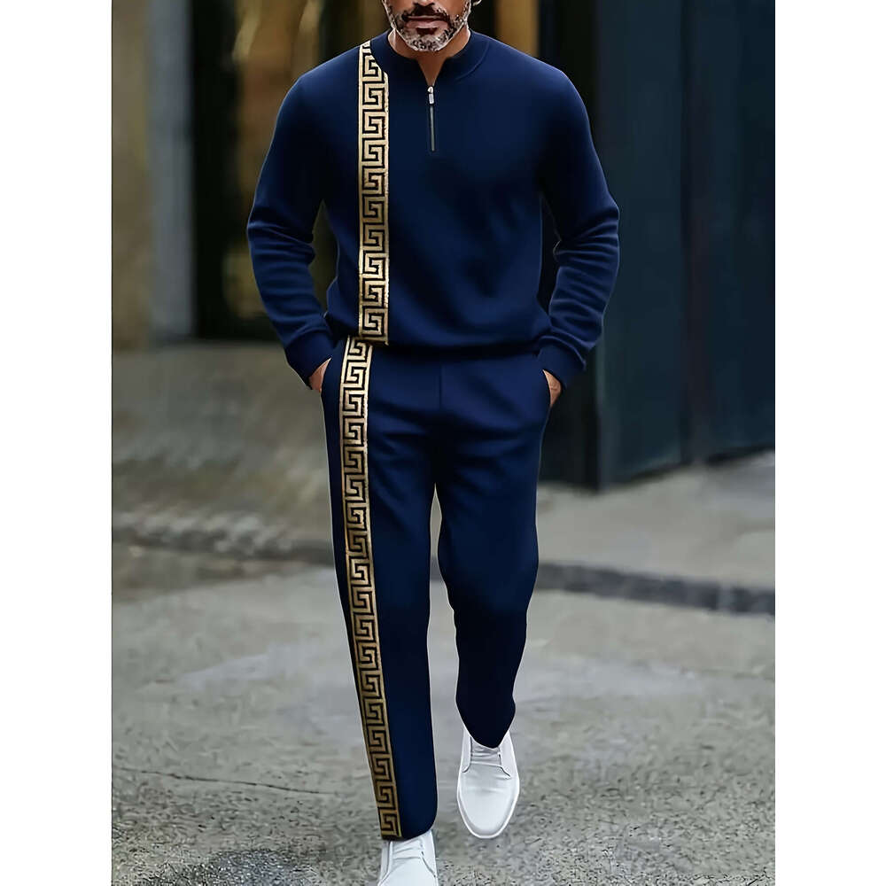 2025 European And American Amazon New Half-Open Zipper Pullover Casual Fashion Men's Sleeve Long Pants Set