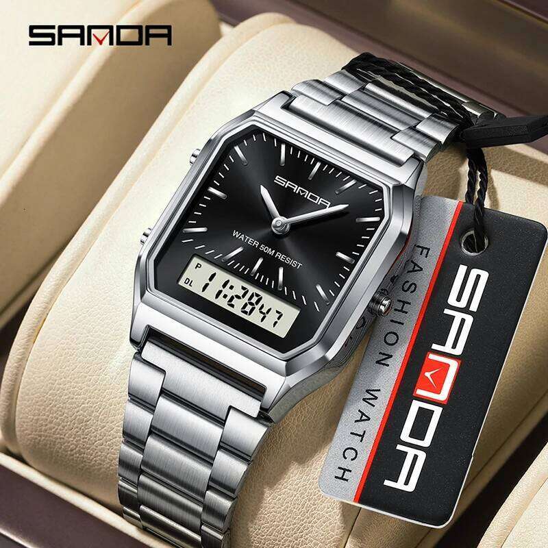 SANDA 747 Luxury Watch for Men Stainless Steel LED Digital Dual Display Clock Waterproof Sports Quartz Wristwatches Reloj Hombre